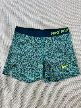 Nike Pro Teal and Neon Yellow Patterned Compression Shorts